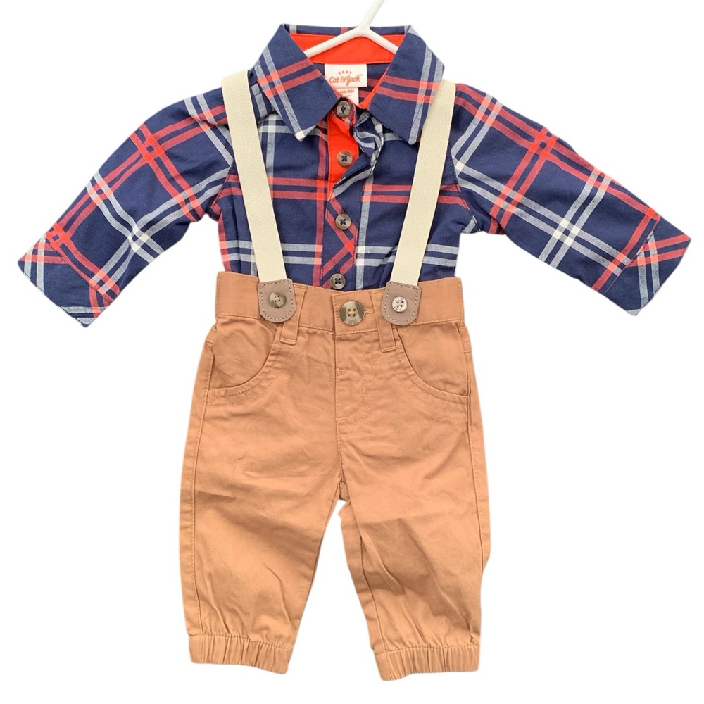 Cat & Jack Newborn Blue with Red Plaid Shirt and Tan Suspender Pants Set